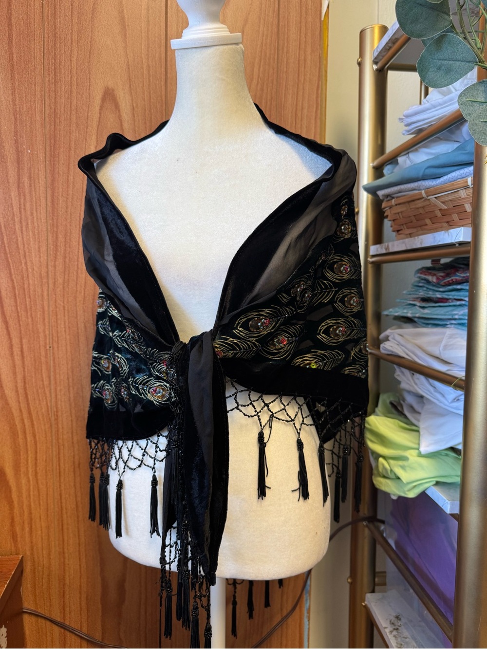 Black Multi Color Floral Peacock Beaded Evening Shawl Fringe Tassel Hem OSFA